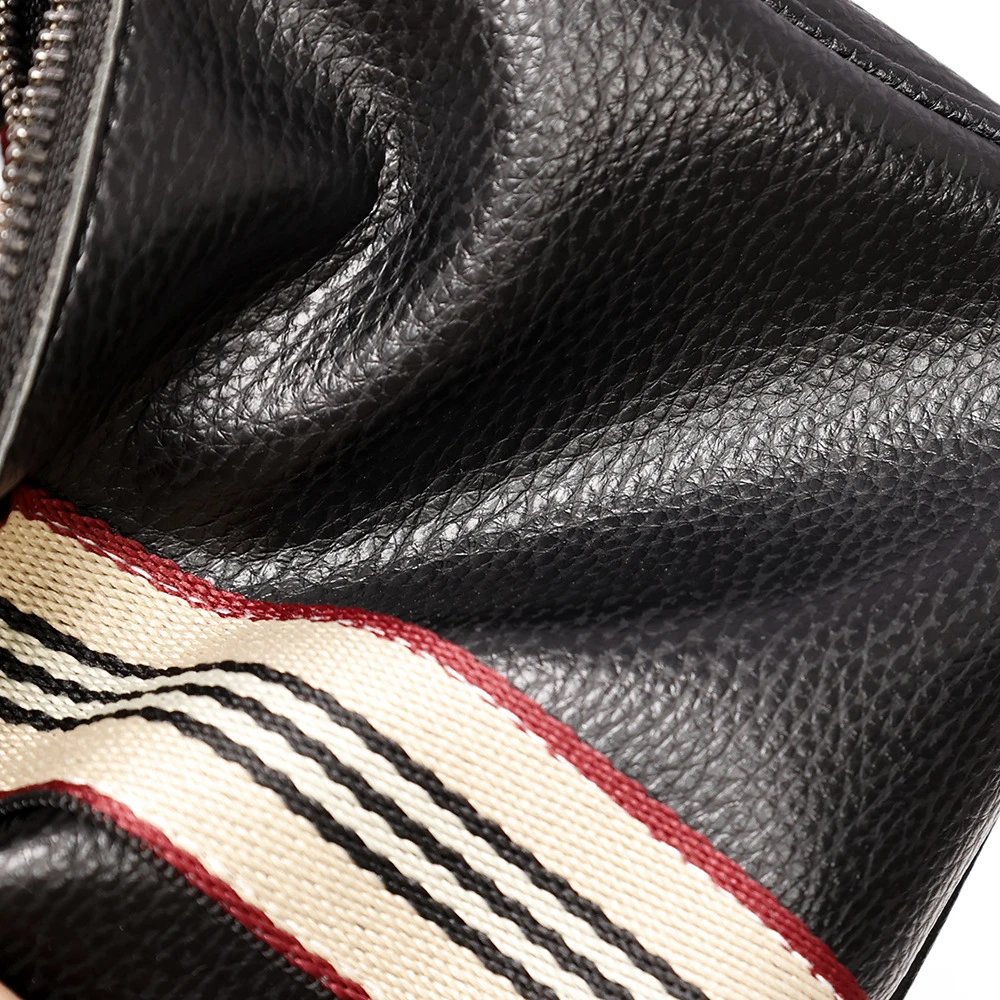 Design Leather Crossbody Bag with Striped Webbing Strap Black - 17