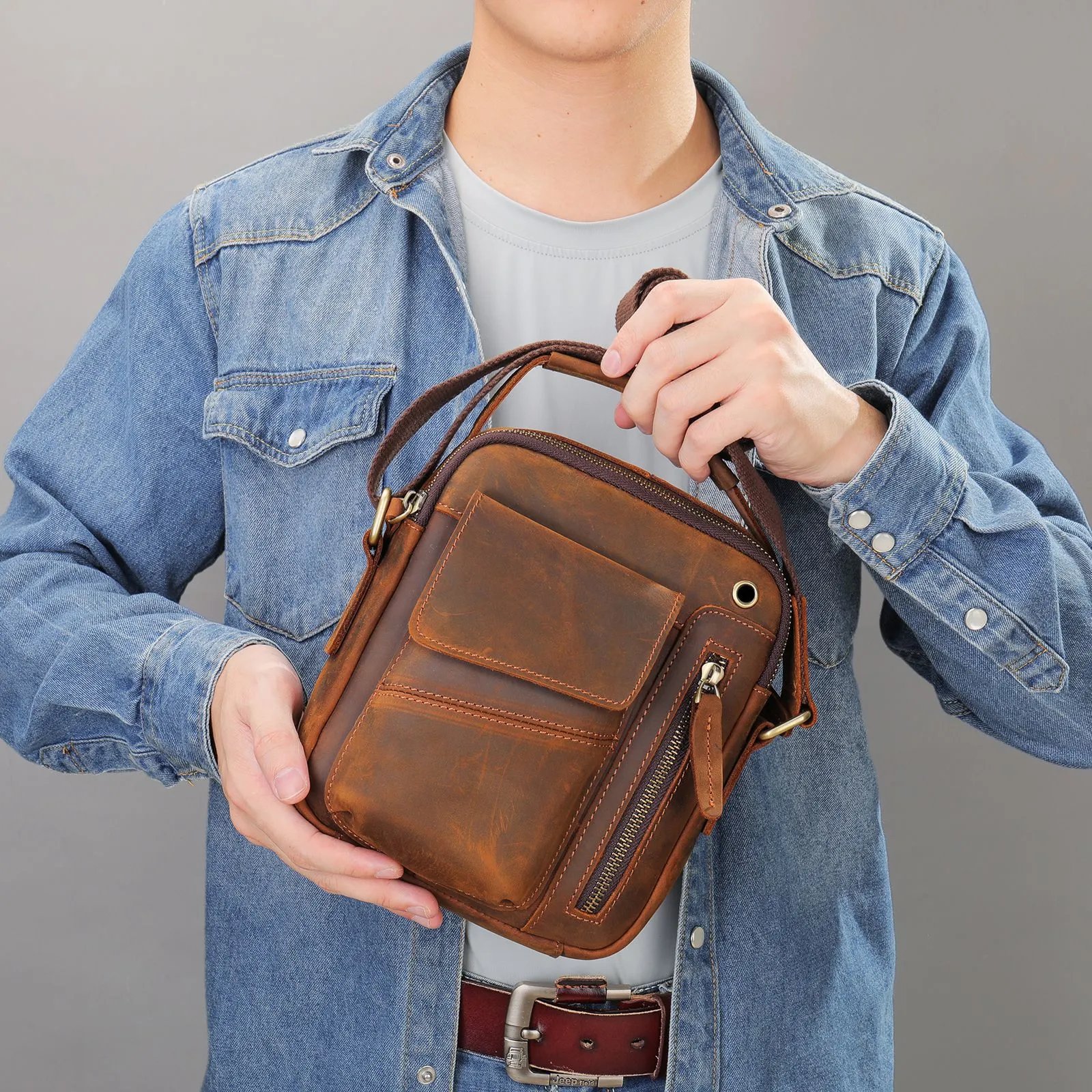Design Vintage-Style Distressed Brown Leather Crossbody Bag