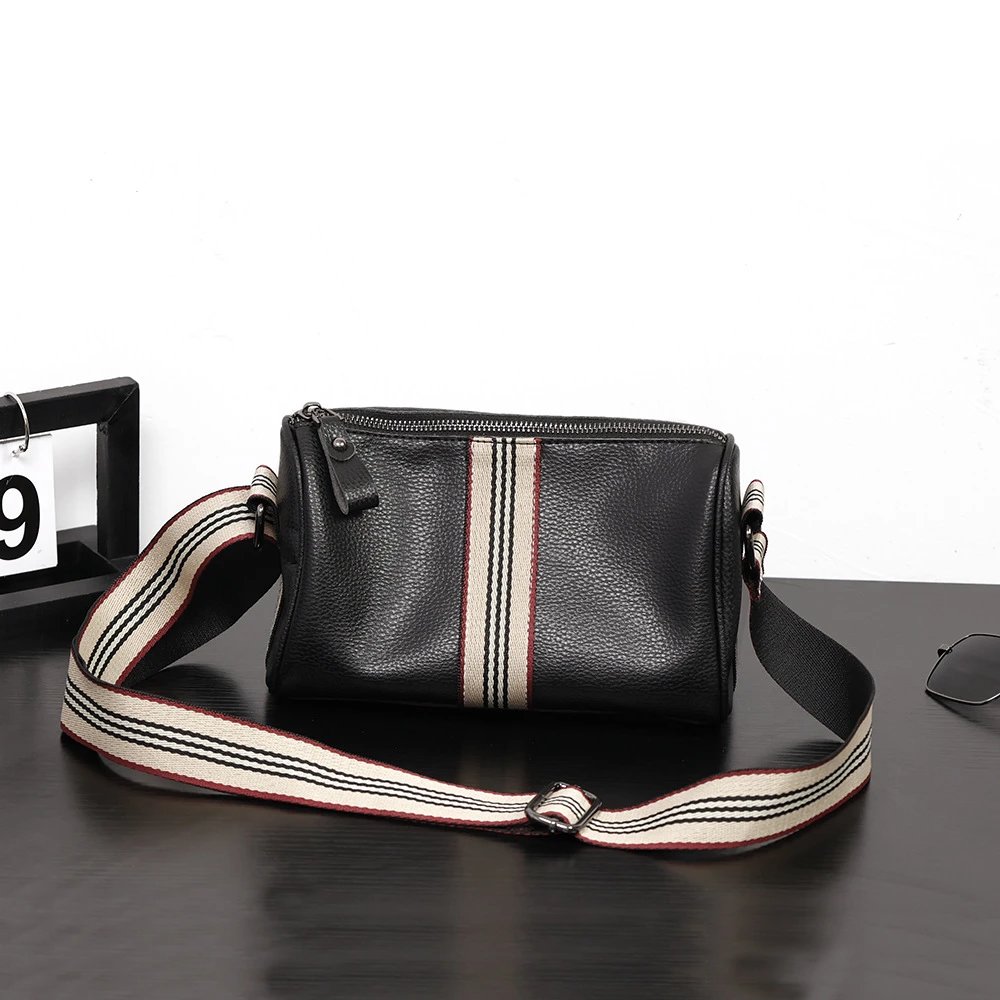 Design Leather Crossbody Bag with Striped Webbing Strap Black - 2