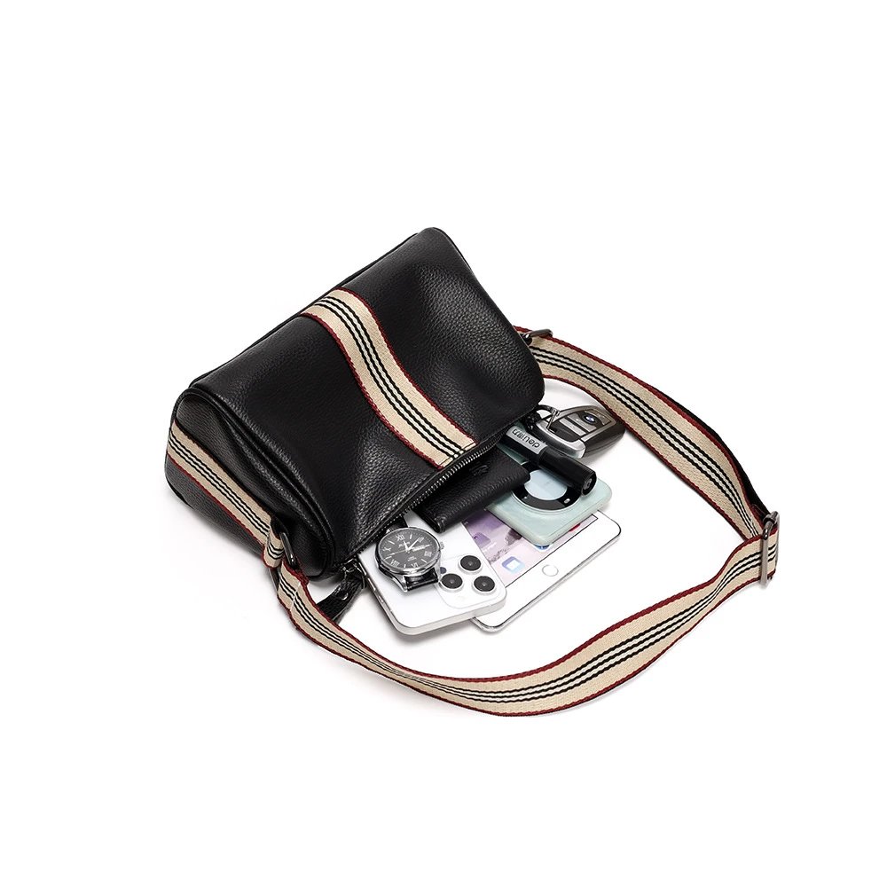 Design Leather Crossbody Bag with Striped Webbing Strap Black - 7