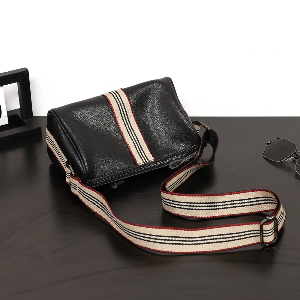 Design Leather Crossbody Bag with Striped Webbing Strap Black - 4