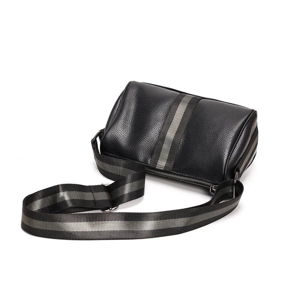 Design Leather Crossbody Bag with Striped Webbing Strap Black - 13