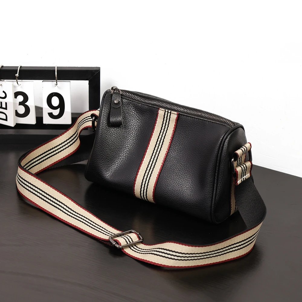 Design Leather Crossbody Bag with Striped Webbing Strap Black