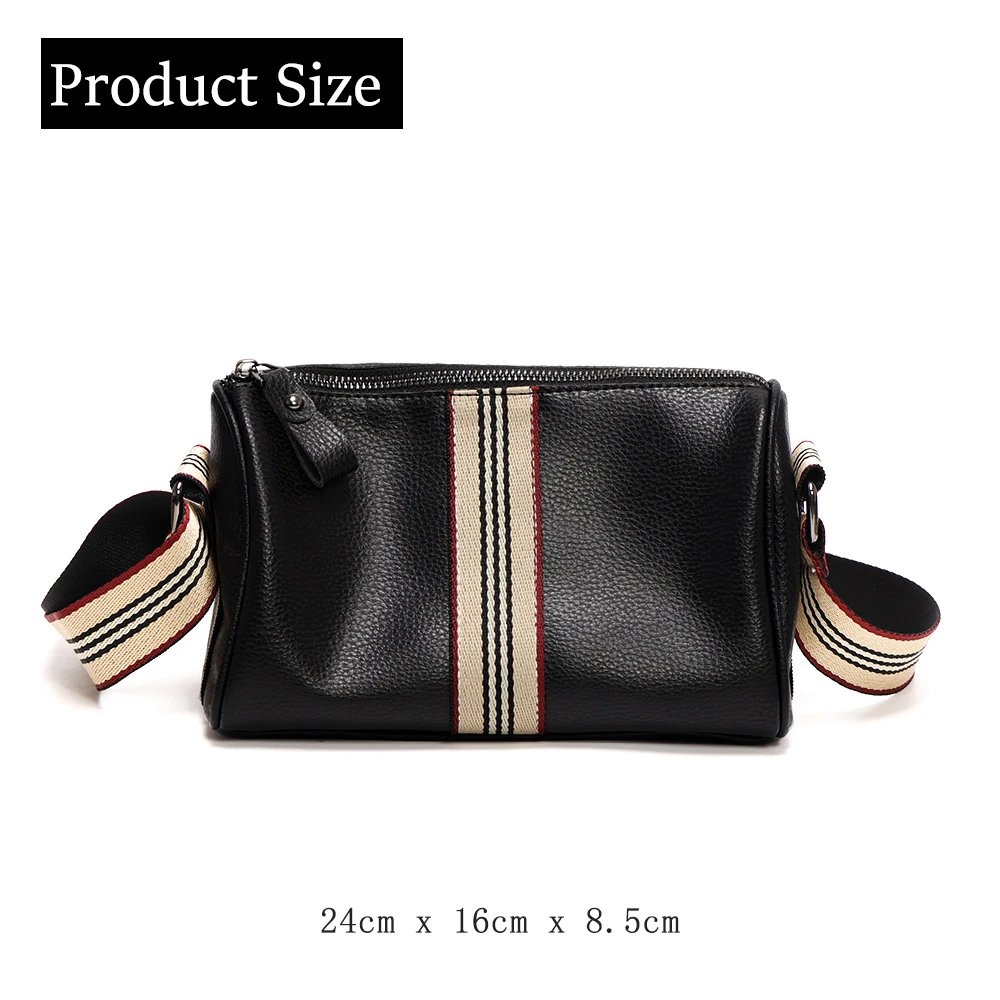 Design Leather Crossbody Bag with Striped Webbing Strap Black - 5