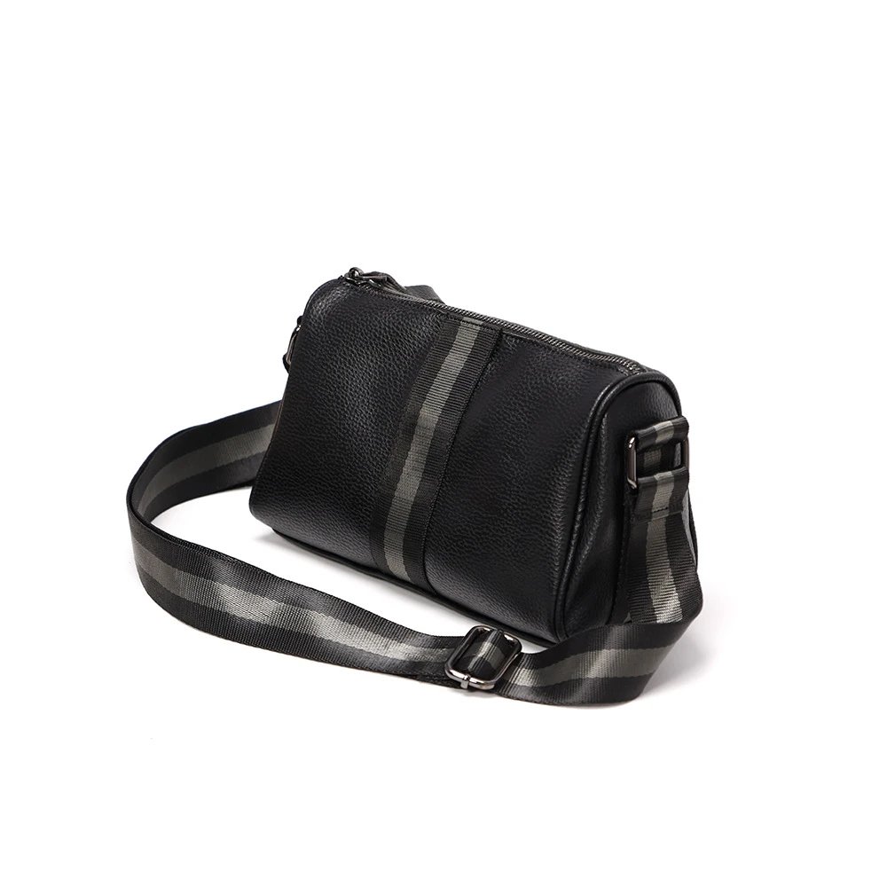 Design Leather Crossbody Bag with Striped Webbing Strap Black - 15