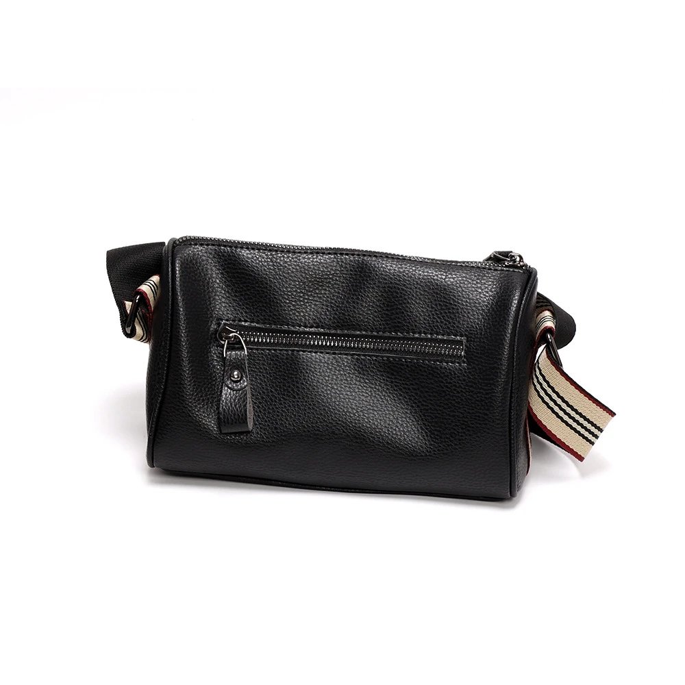Design Leather Crossbody Bag with Striped Webbing Strap Black - 18
