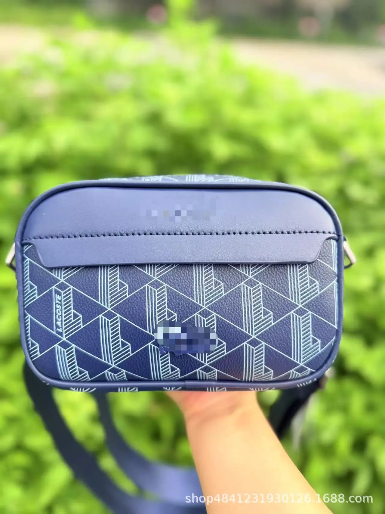 Lacoste Camera Bag Navy Blue Geometric Print Crossbody Bag
