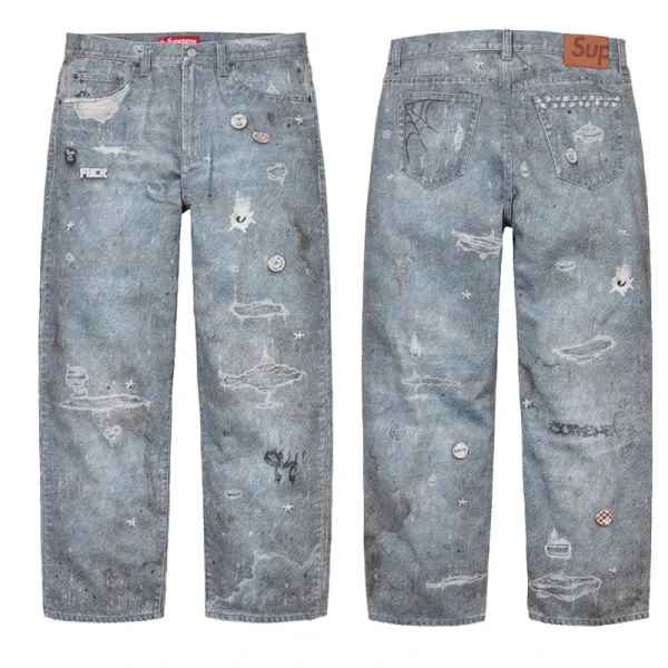 Supreme Distressed Graphic Jeans Blue - 1