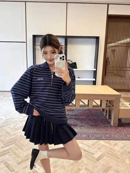 Design Half-Zip Striped Polo Navy Blue Top - 8