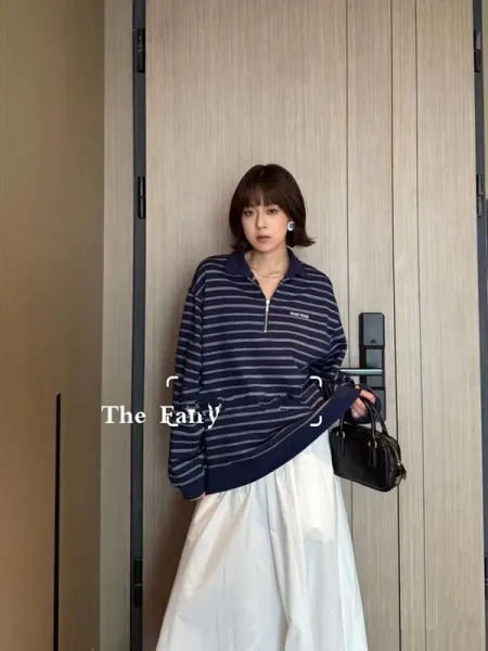 Design Half-Zip Striped Polo Navy Blue Top - 14