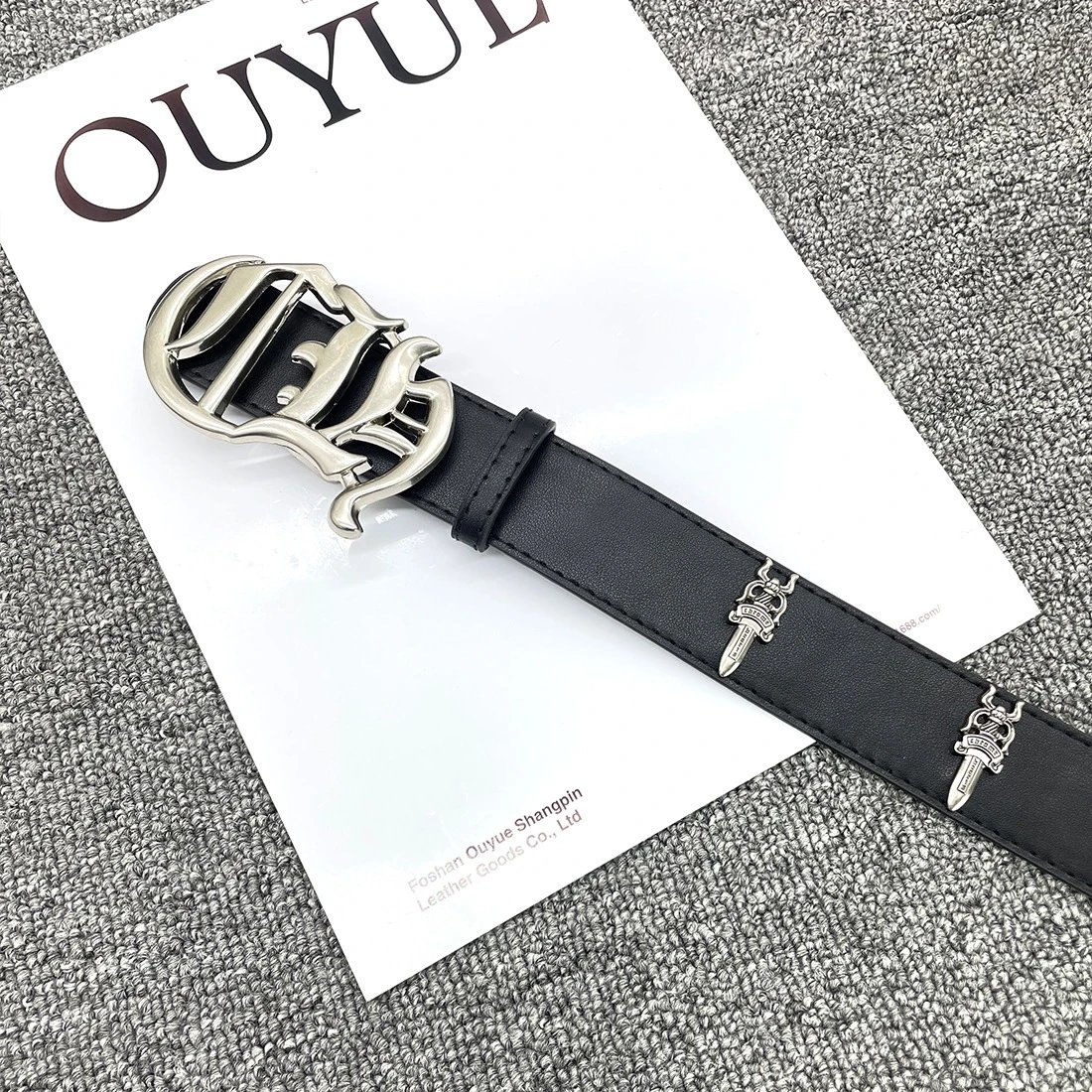 Ouyue Skull Buckle Leather Belt Black - 34