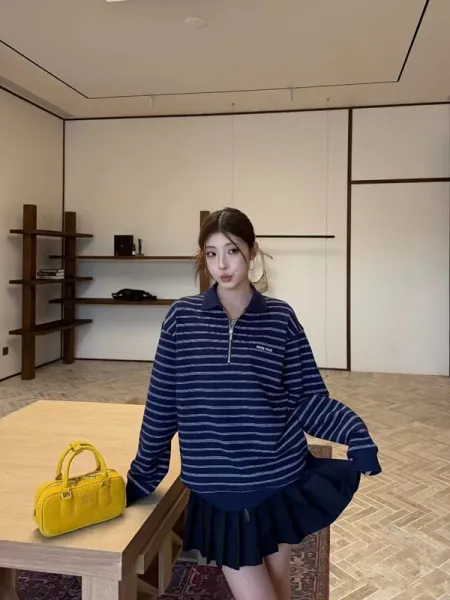 Design Half-Zip Striped Polo Navy Blue Top - 12