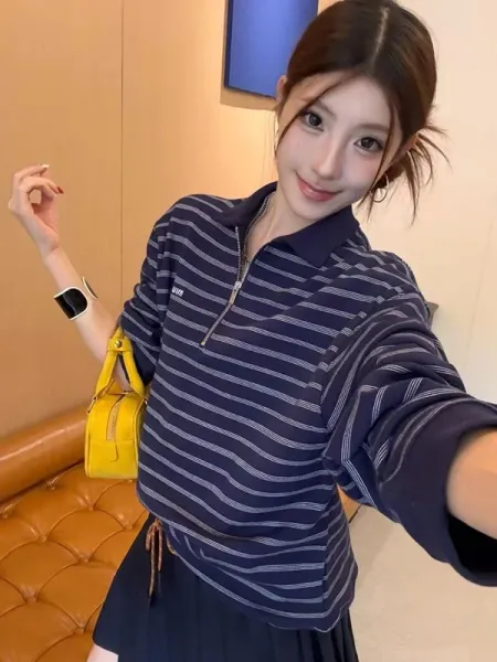 Design Half-Zip Striped Polo Navy Blue Top - 1