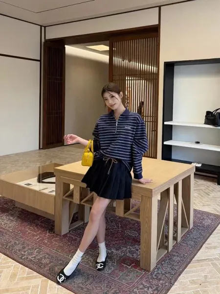 Design Half-Zip Striped Polo Navy Blue Top - 9