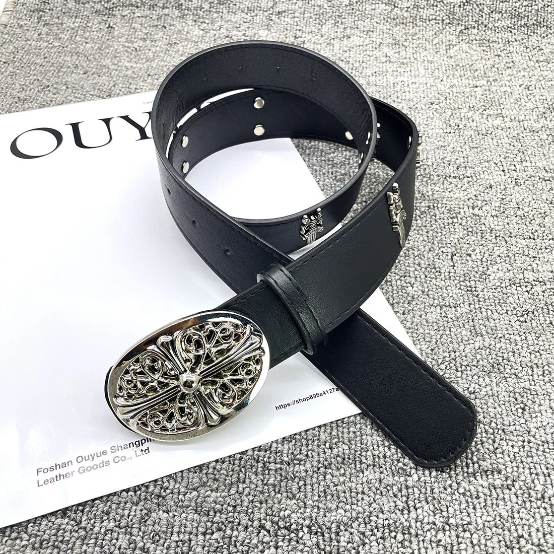 Ouyue Skull Buckle Leather Belt Black - 7