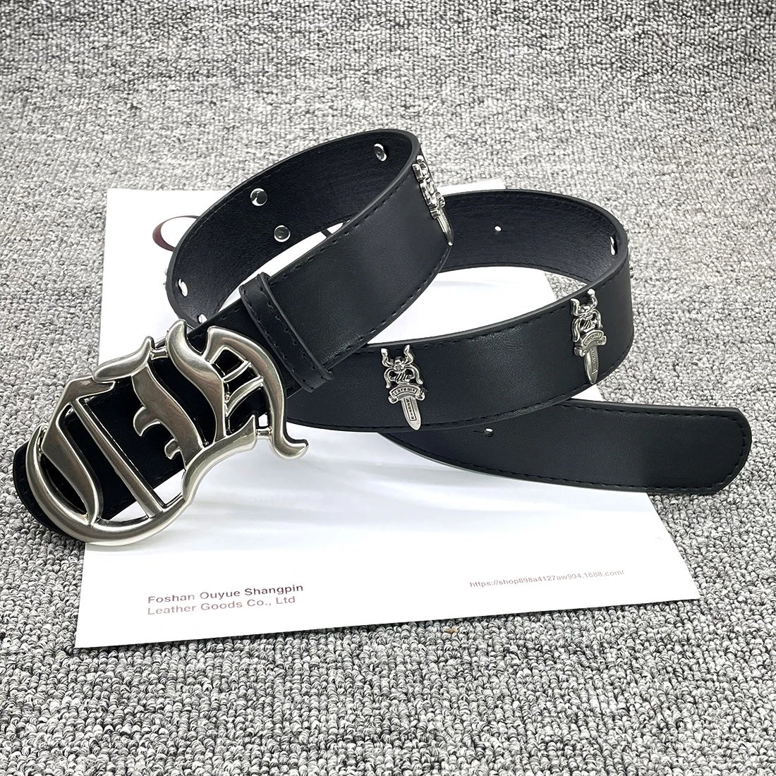 Ouyue Skull Buckle Leather Belt Black - 5