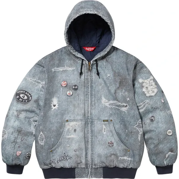 Supreme Distressed Denim Hooded Work Jacket Gray - 1