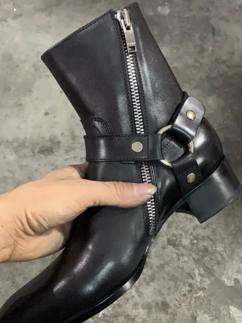 2025 New European & American Fashion Trendy Personalized British Style Top Layer Cowhide Side Zipper Pointed Toe Chelsea Martin Boots for Men