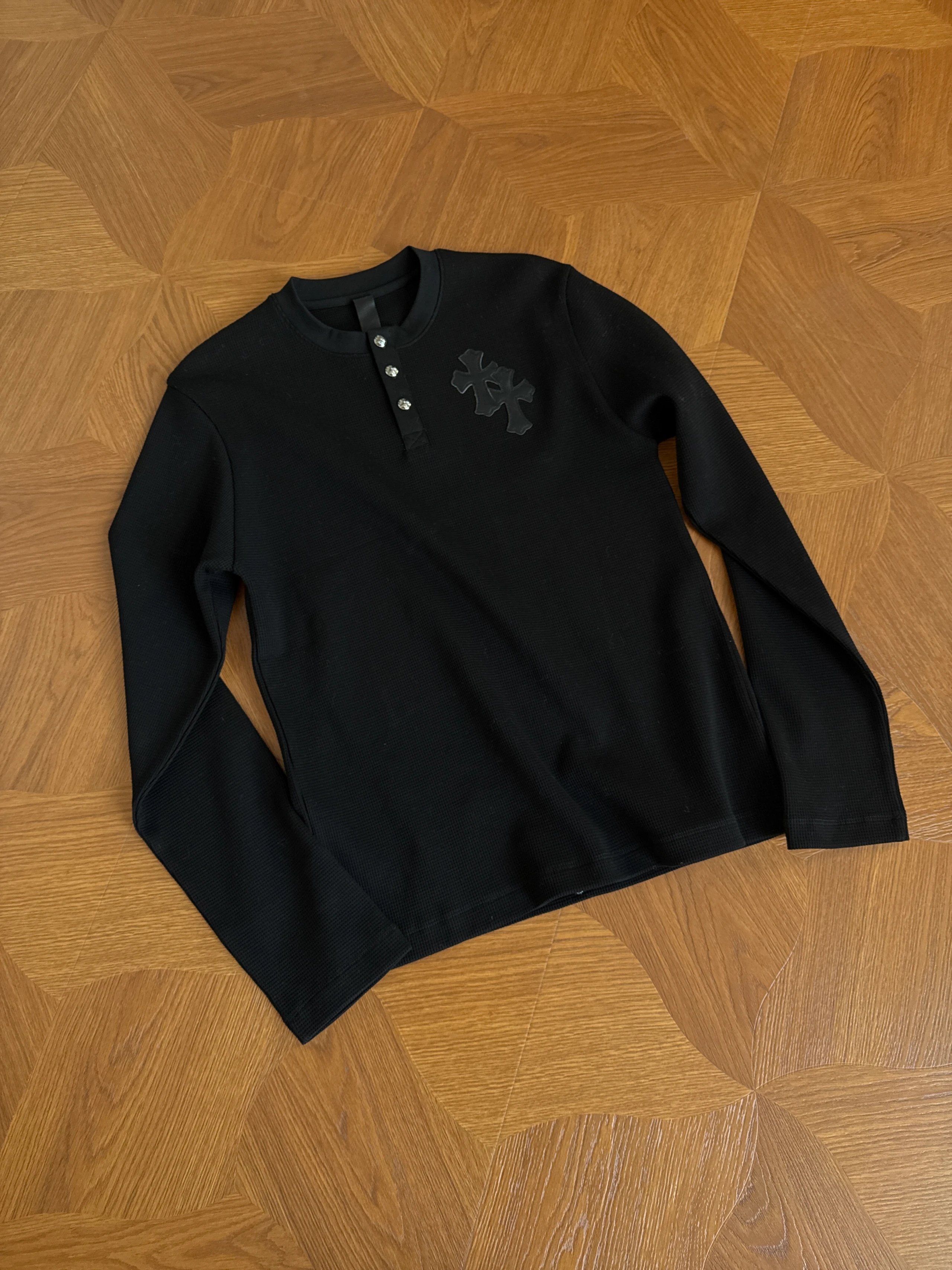 Chrome Hearts Shirt Waffle Knit Leather Cross Patch Black