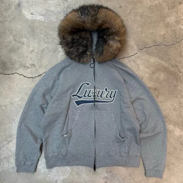 Design Luxury Brand Fur-Trimmed Zip-Up Hoodie Gray Hoodie - 1