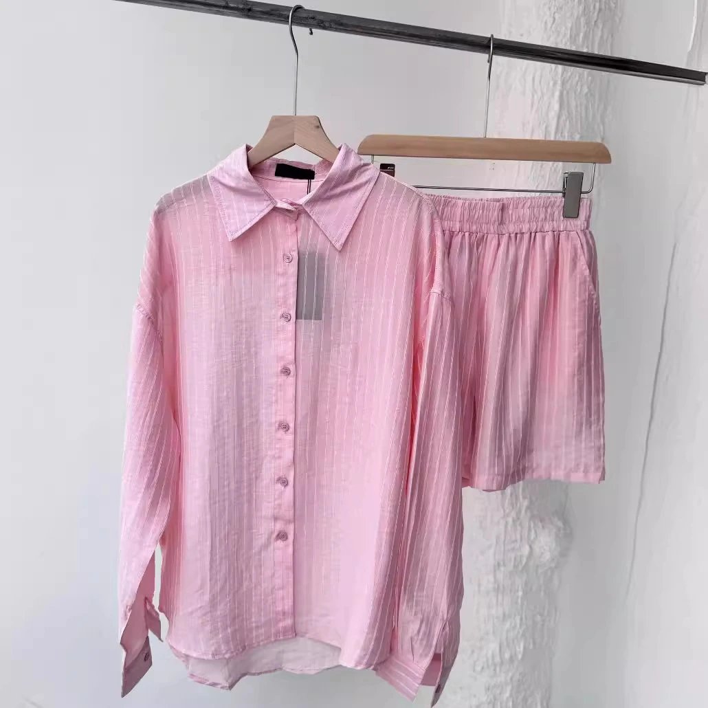 Embroidered Pony 2025 Summer New Arrival Tencel Lightweight Vertical Stripe Sun-Protection Long-Sleeve Shirt + Shorts Set Elegant