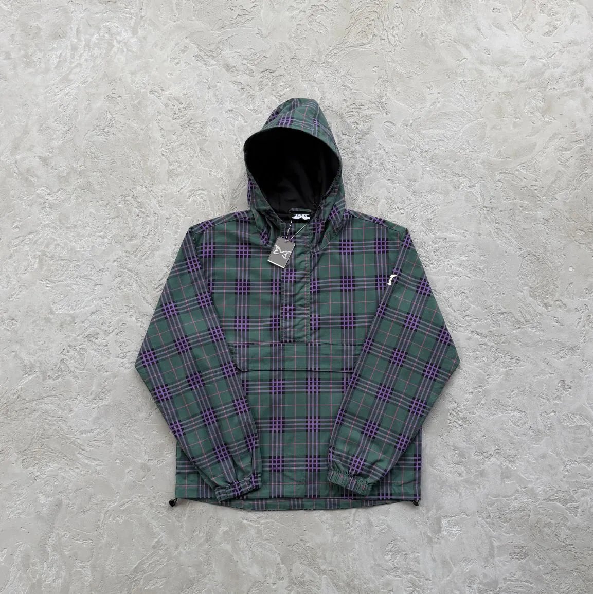 MUTA Jackets Hooded zip-up shell jacket with multiple zip pockets — Green and purple plaid