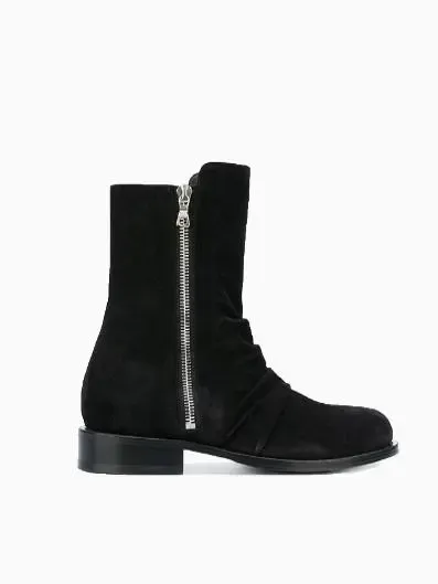 Design Ruched Suede Ankle Boots with Side Zipper Black Boots - 5