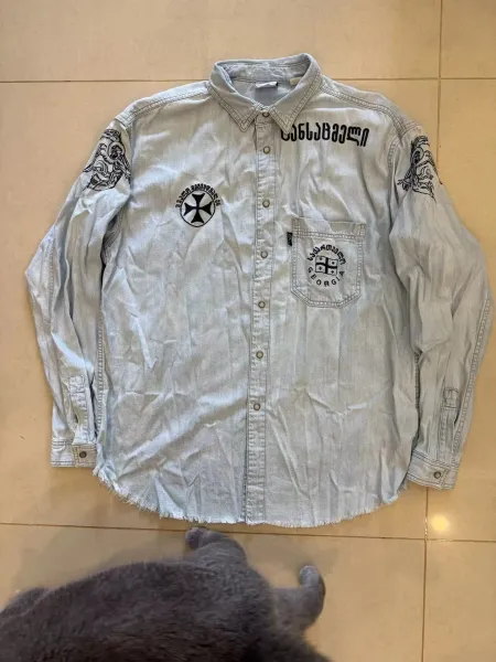 Design Denim Shirt with Georgian Script and Cross Motifs Light Blue Shirt - 1