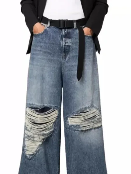 Design Wide-Leg Distressed Denim Jeans Blue - 5