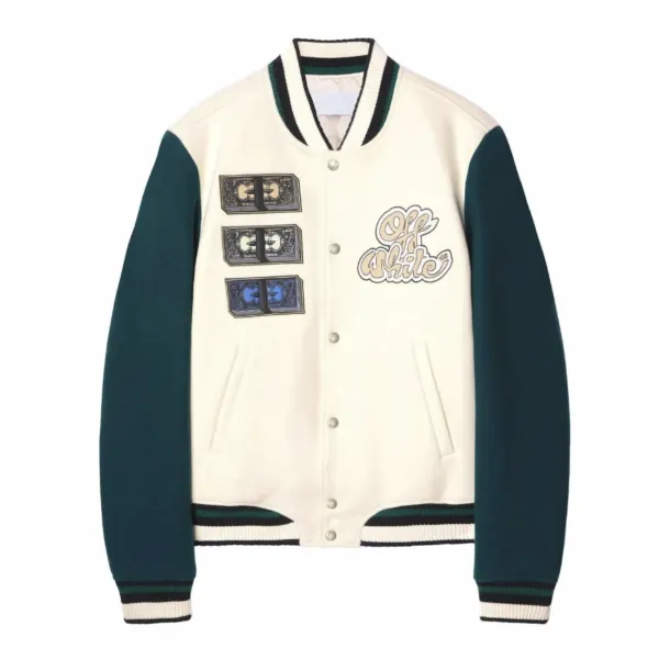 Off-White Varsity Jacket Cream and Green with Money Print Outerwear Jacket - 1