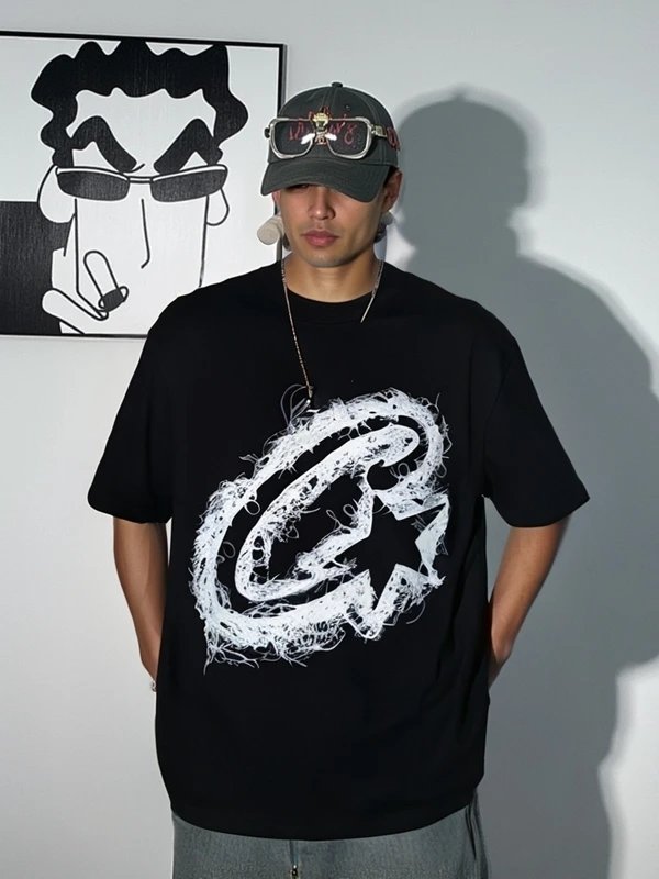 Graffiti Style Black T-Shirt with White Logo Design - 136615