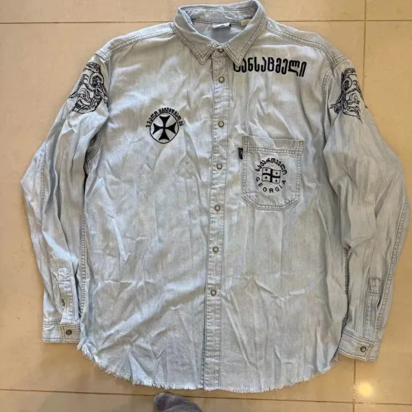 Design Denim Shirt with Georgian Script and Cross Motifs Light Blue Shirt - 5