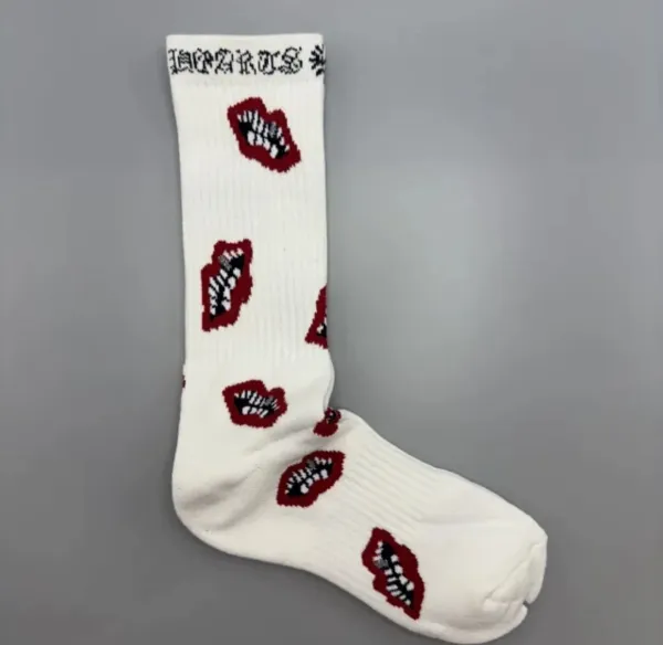 Design Lips Print Crew Socks White - 1