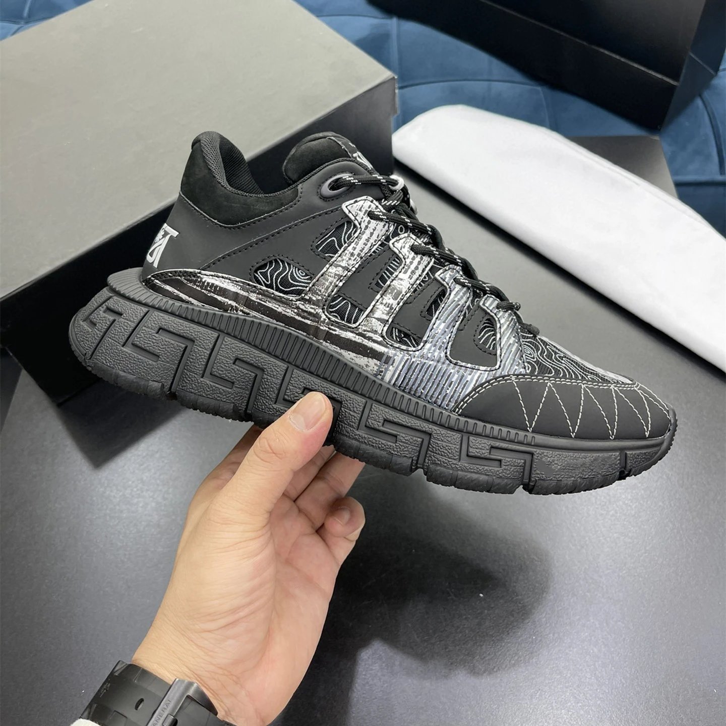 Versace Greca Pattern Sneakers Black Silver