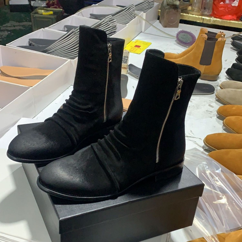Ruched Suede Ankle Boots with Side Zipper Black Boots