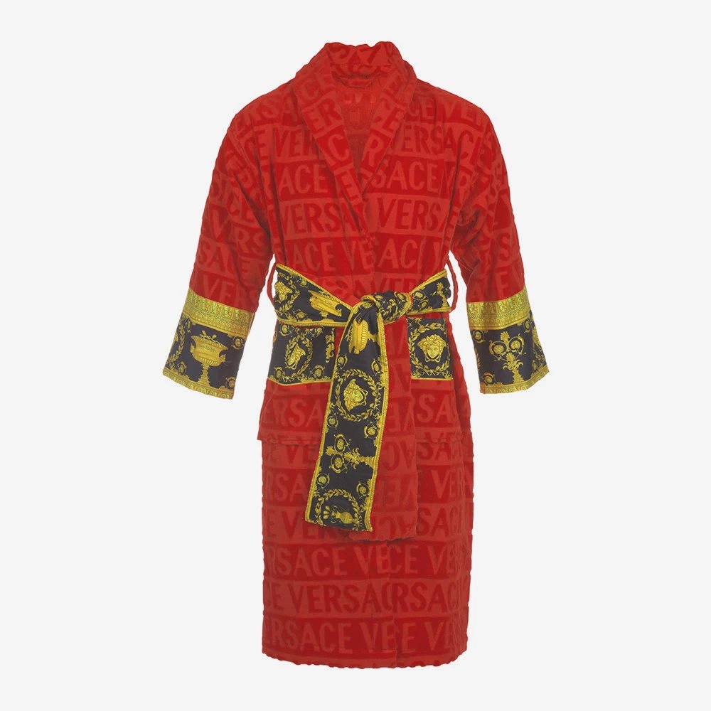 Versace Logo-Print Velvet Robe Red Sleepwear