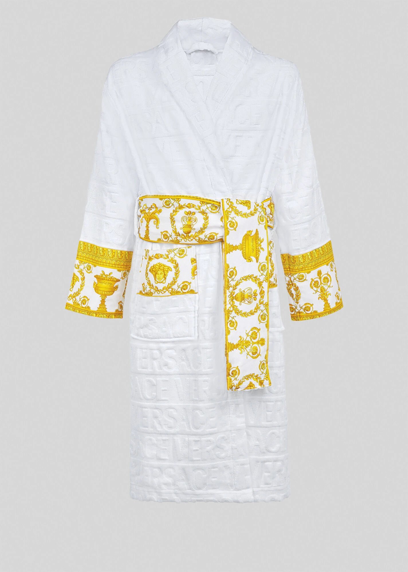 Versace Barocco Print Towel Robe White Gold Sleepwear