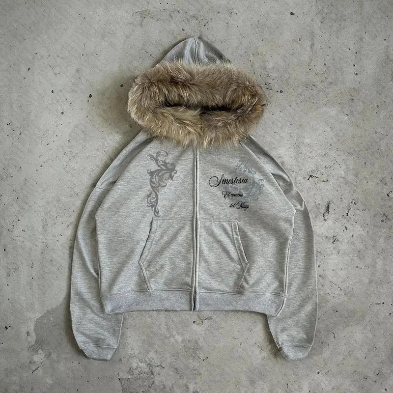 Bssouady New Arrival Zip-Up Hoodie with Furry Hood, Slim Fit, Crew Neck, Minimalist American Style Long Sleeve