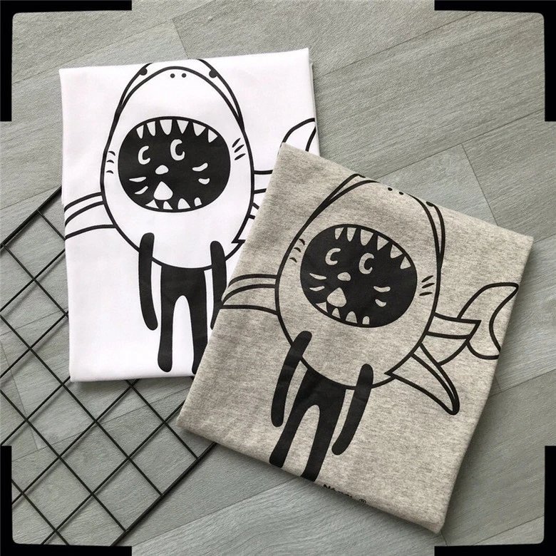 Japanese Style Surprised Cat Summer New Shark Cat Couple Style Round Neck Casual Short Sleeve T-Shirt for Men and Women