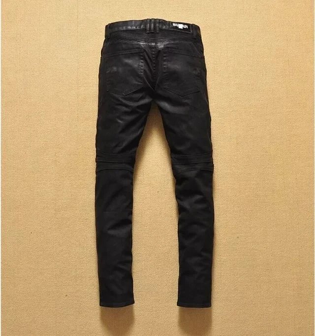 Street Style Korean Trendy Brand Fashion New Punk Coated Black Wax Slim Fit Skinny Biker Jeans Men's Clothing