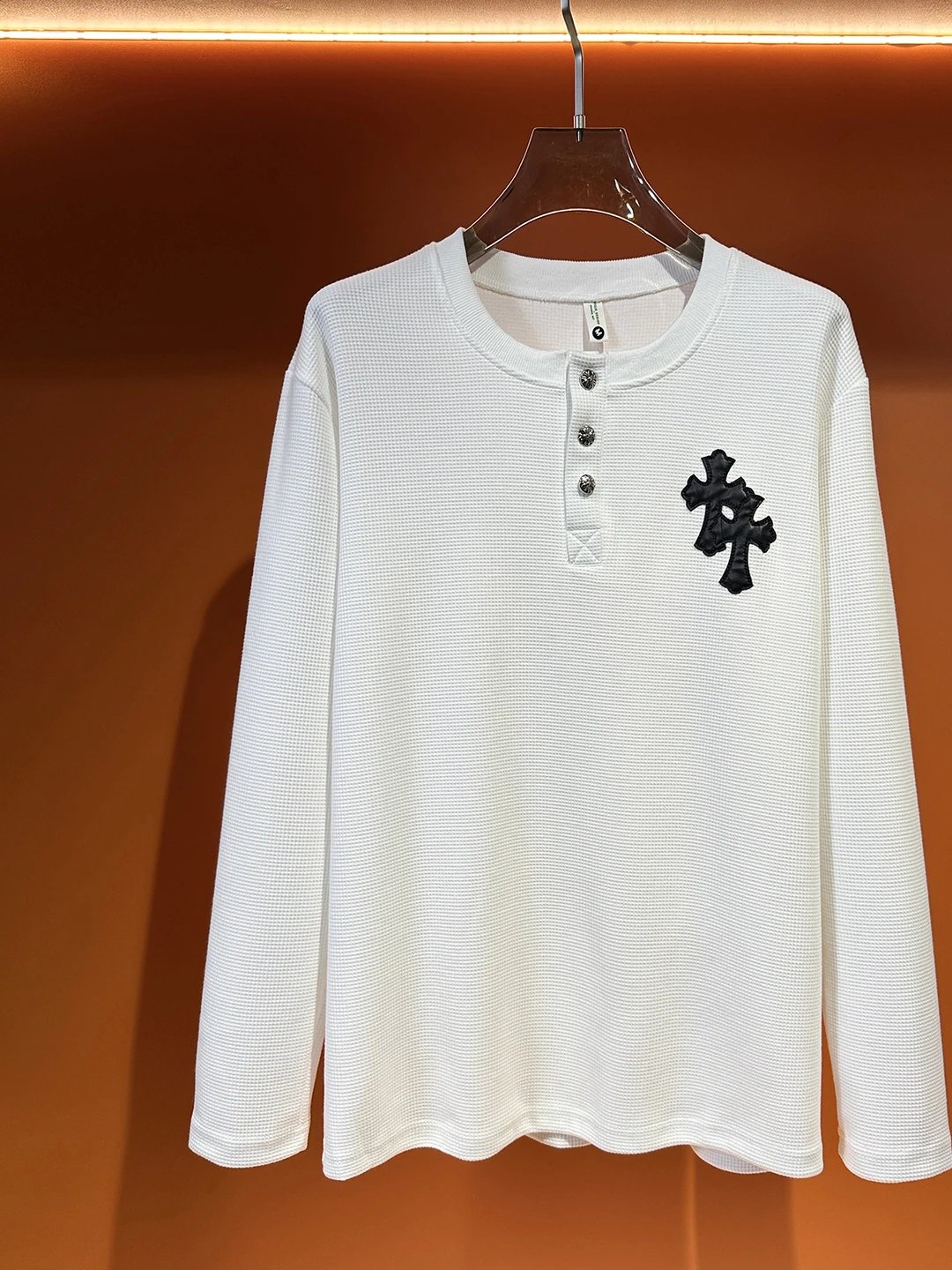 2025 Spring and Autumn New Crow Heart Cross Patch Embroidery Henry Collar Long Sleeve T-Shirt Men's Waffle Top Trendy