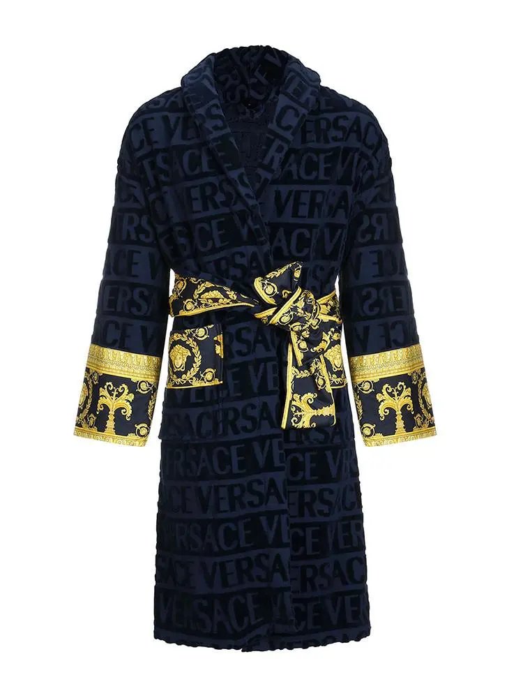 Versace Barocco Print Bathrobe Navy Gold Sleepwear
