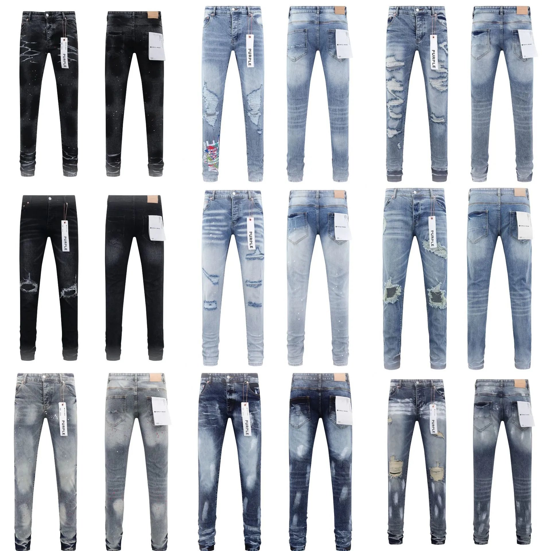 JEANS fashion high street men's casual perforated design slim fit denim pants