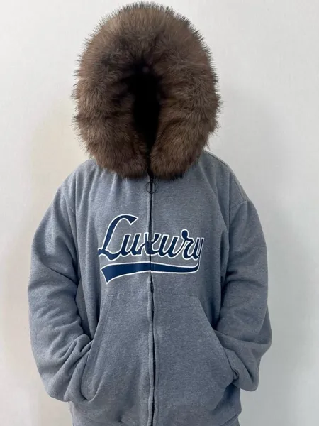 Design Luxury Brand Fur-Trimmed Zip-Up Hoodie Gray Hoodie - 5