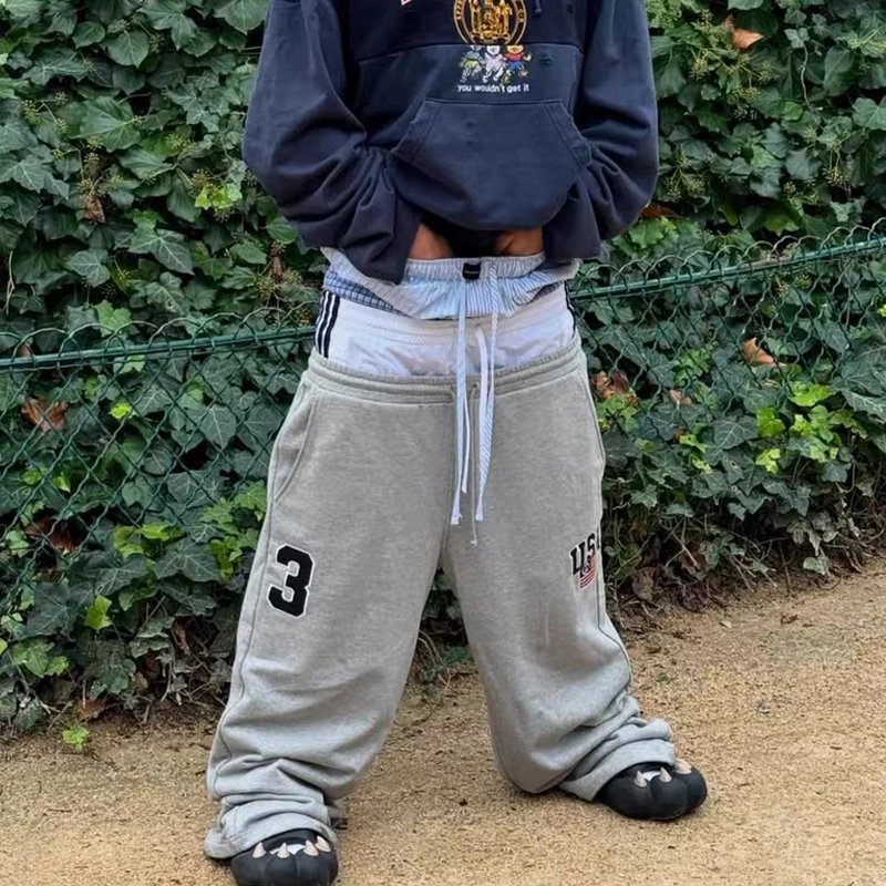 Grailz Project Faux Three-Panel Patchwork Drawstring Wide-Leg Baggy Sweatpants with Embroidered Details for Men — Floor-Length Athletic Pants
