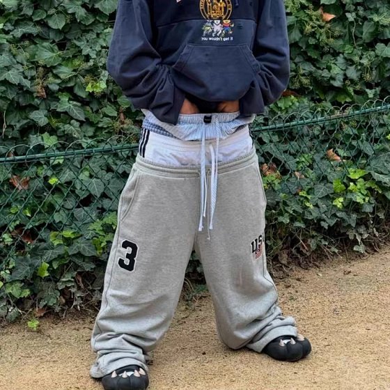 Grailz Project Fake Three-Panel Patchwork Drawstring Wide-Leg Baggy Sweatpants with Embroidered Detailing for Men
