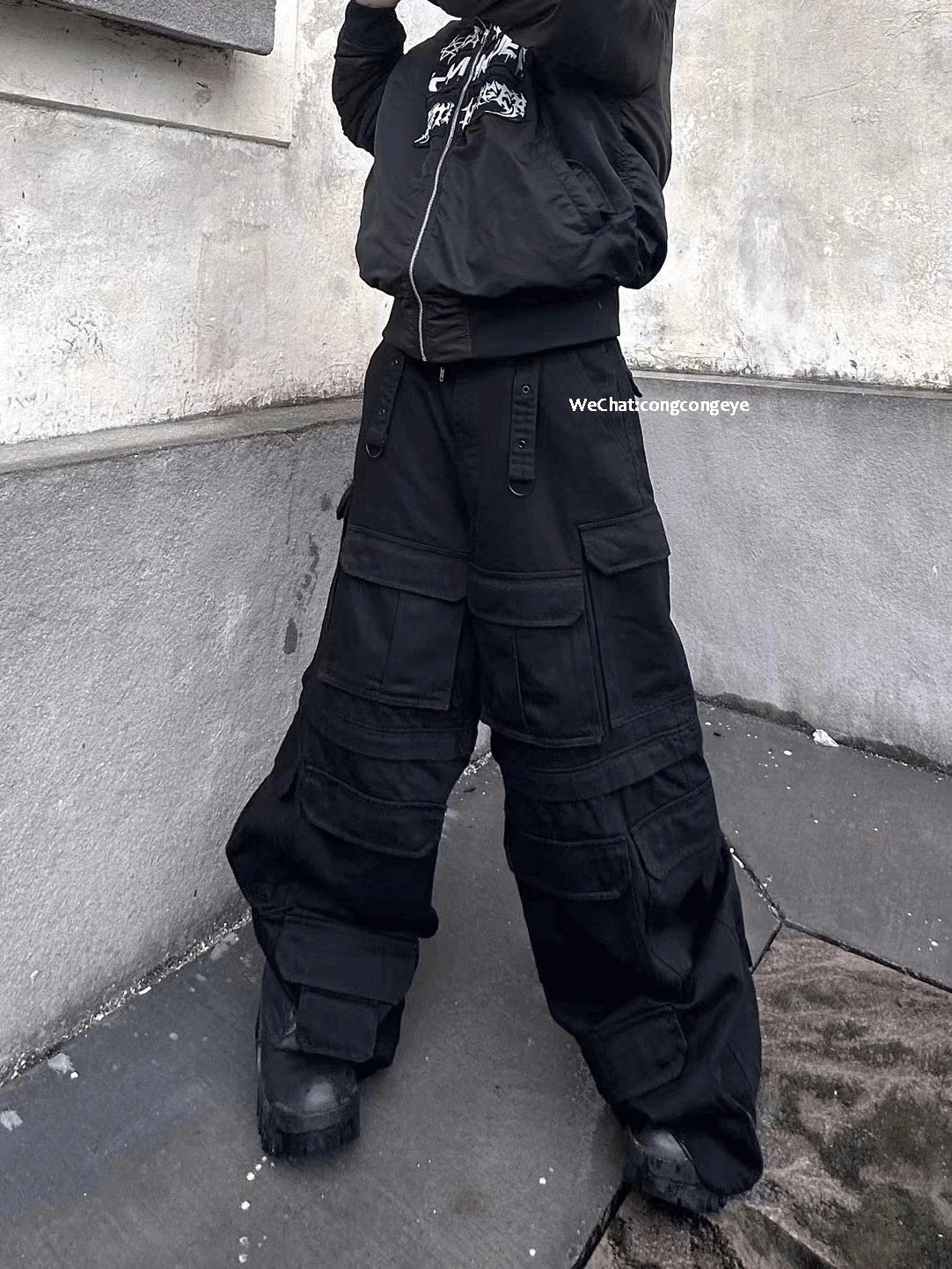 Design Cargo Pants Black Streetwear Wide-Leg Pants