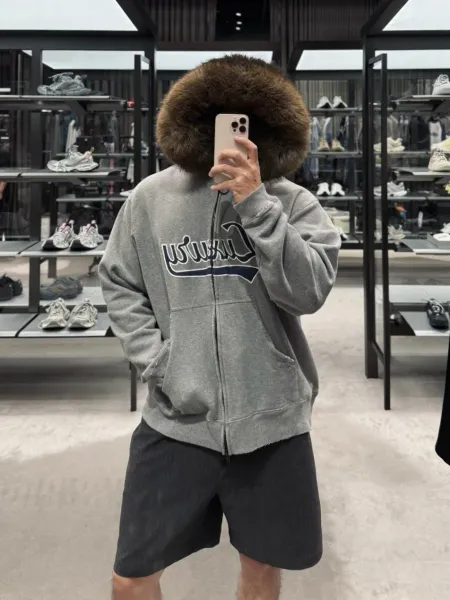 Design Luxury Brand Fur-Trimmed Zip-Up Hoodie Gray Hoodie - 6