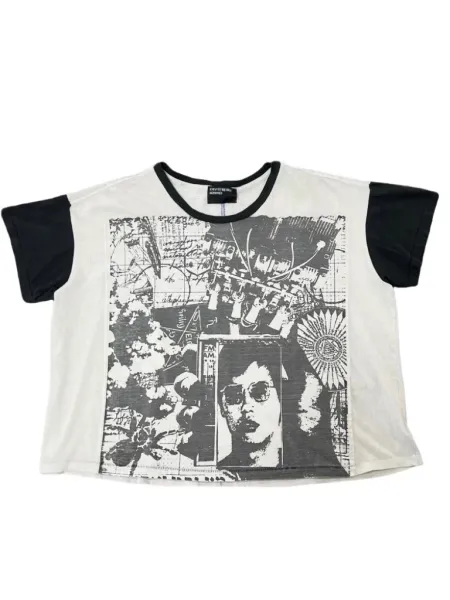 Design Collage Print Contrast Sleeve Cropped T-Shirt - 5