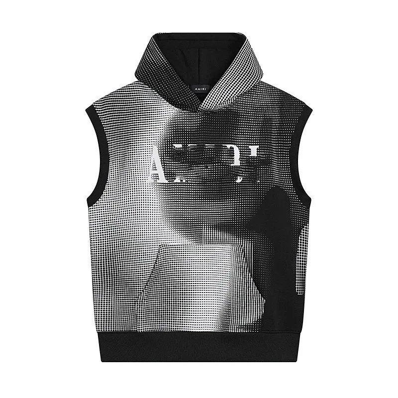 Amiri Pixelated Graphic Sleeveless Hoodie Black
